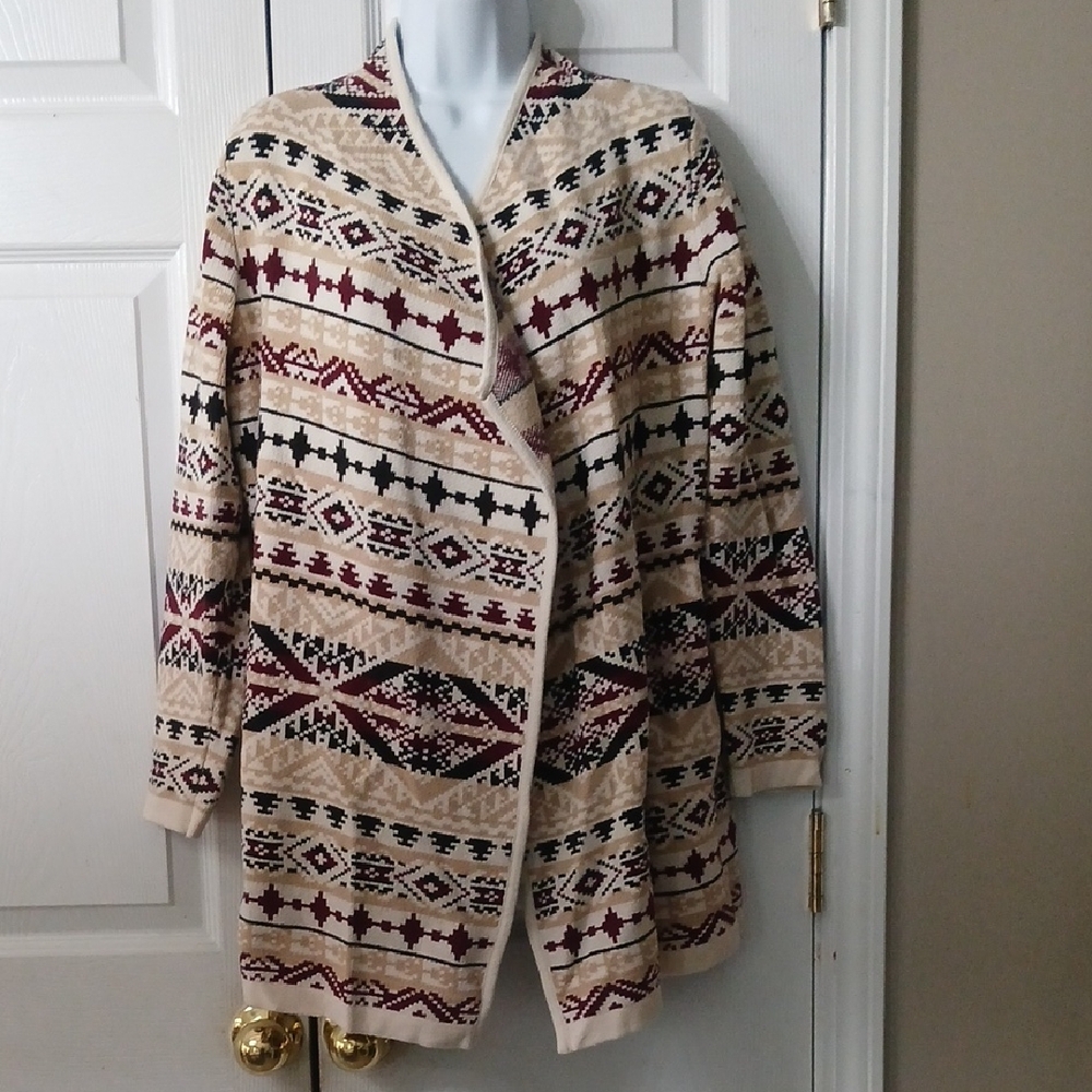 Lucky Brand tan maroon black boho western open front cardigan Sz M EUC